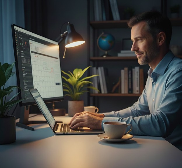 深夜在书桌前工作的商务人士